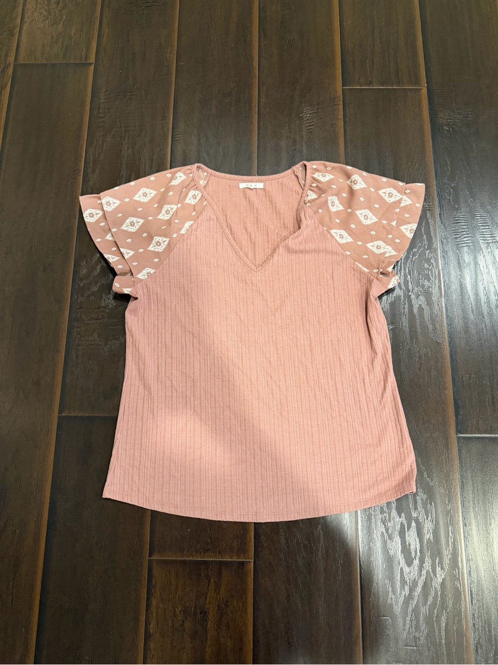 Maurices Dusty Rose V-Neck Top with Patterned Flutter Sleeves